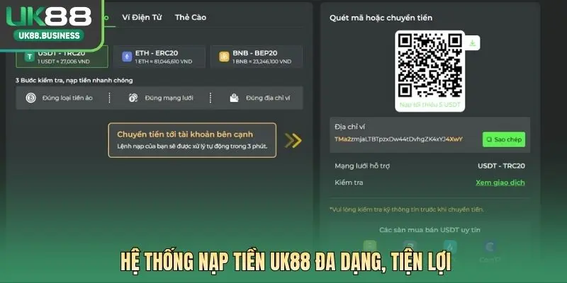 Hệ thống nạp tiền UK88 đa dạng, tiện lợi